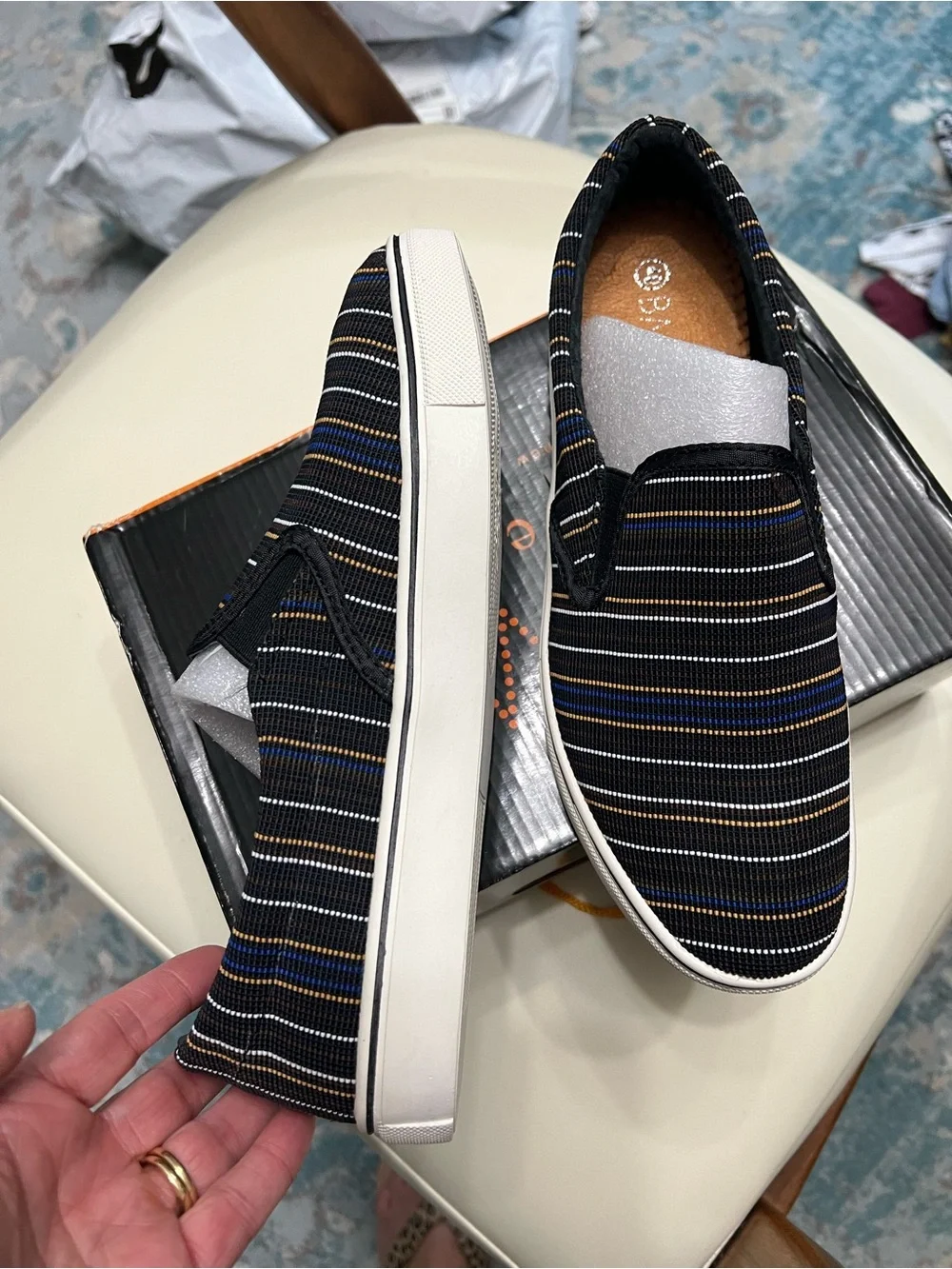 bernie mev. Black Striped Slip-On Flats